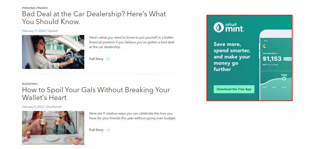 Homepage of the MintLife blog, displaying a CTA in the sidebar.