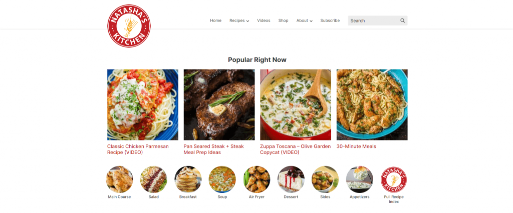 Homepage of the food blog Natasha's Kitchen
