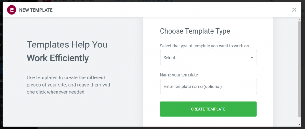 Choosing a template type with Elementor.