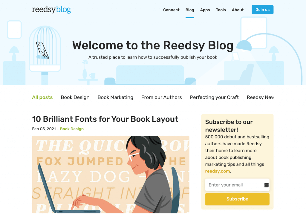Sezione blog sul sito web di Reedsy
