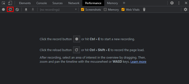 The reload button to record the page load in Chrome's Developer Tools.