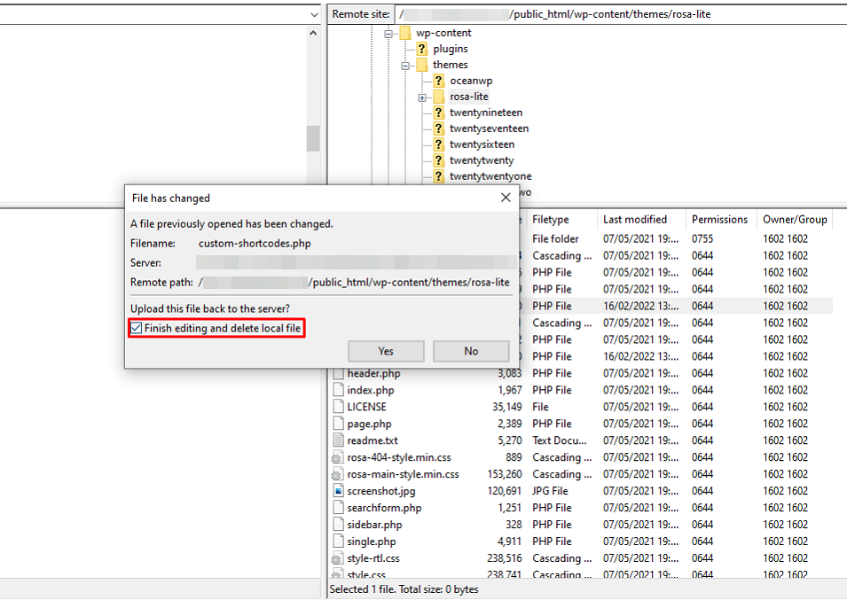 marque a caixa "Finish editing and delete local file" na interface do FileZilla