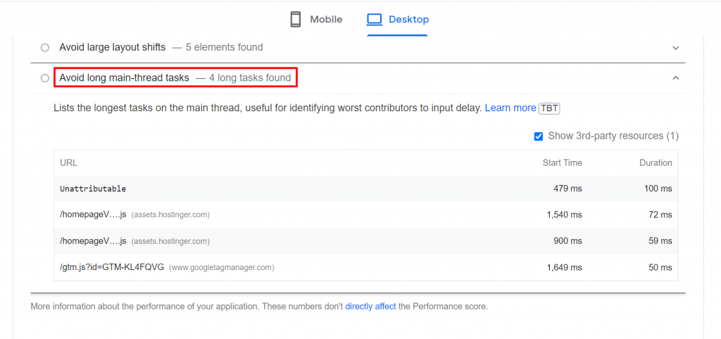 PageSpeed ​​Insights scressnshots with "avoid long main-thread tasks" highlighted