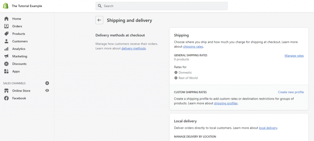 Configure shipping and delivery methods via the Shopify dashboard.