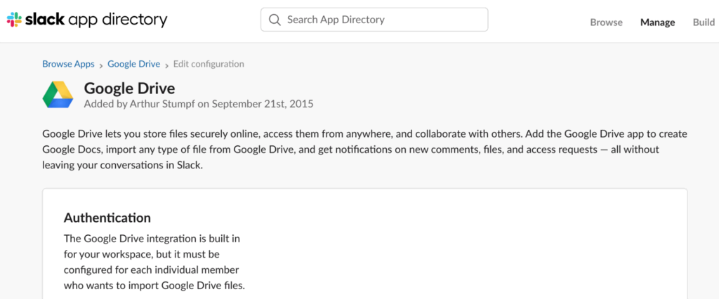 Slack app integration with Google Drive.
