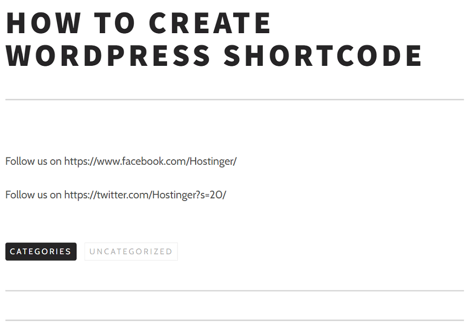Outcome of the shortcodes with Twitter and Facebook links on the site's front-end