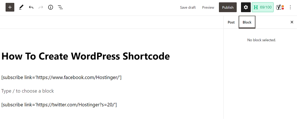 o shortcode para testar links do Twitter e do Facebook usando o editor Gutenberg