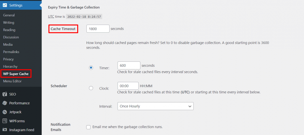 The cache lifespan setting on WP Super Cache.