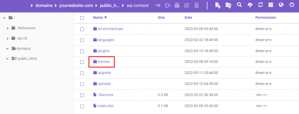 Themes directory in hPanel's file manager.