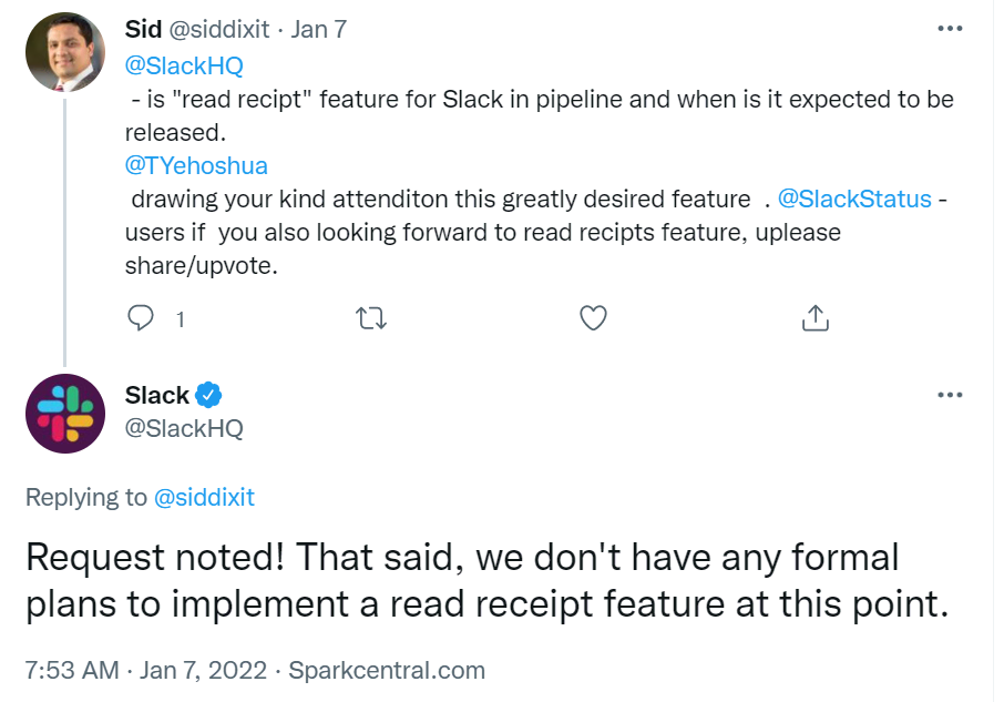 Twitter thread about the possibility of Slack launching a read receipt feature.