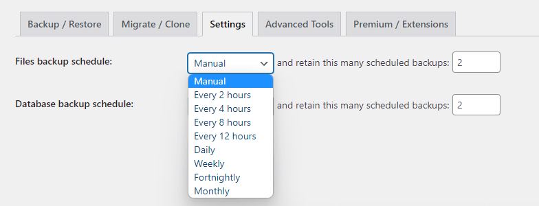 The Files backup schedule option in the Settings tab of UpdraftPlus