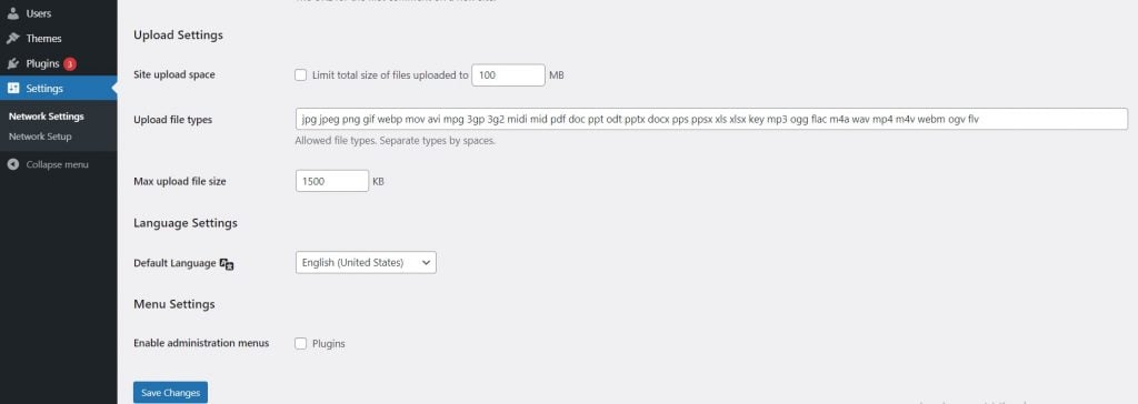 The Upload Settings section in the network admin dashboard.