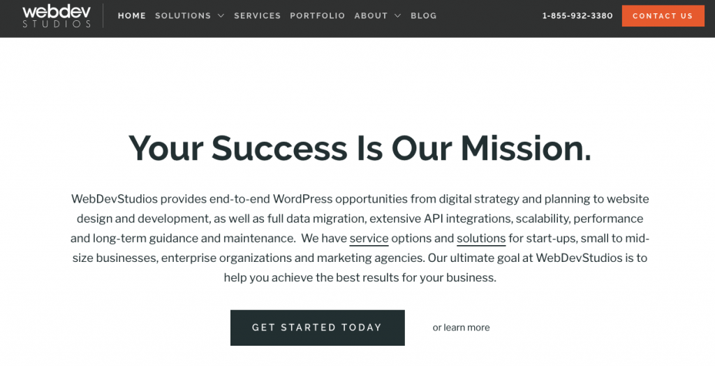 The homepage of WebDevStudios, a website development agency that provides end-to-end WordPress solutions. 