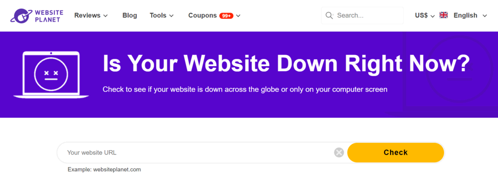The webpage for Website Planet's Is It Down Right Now? website checker.