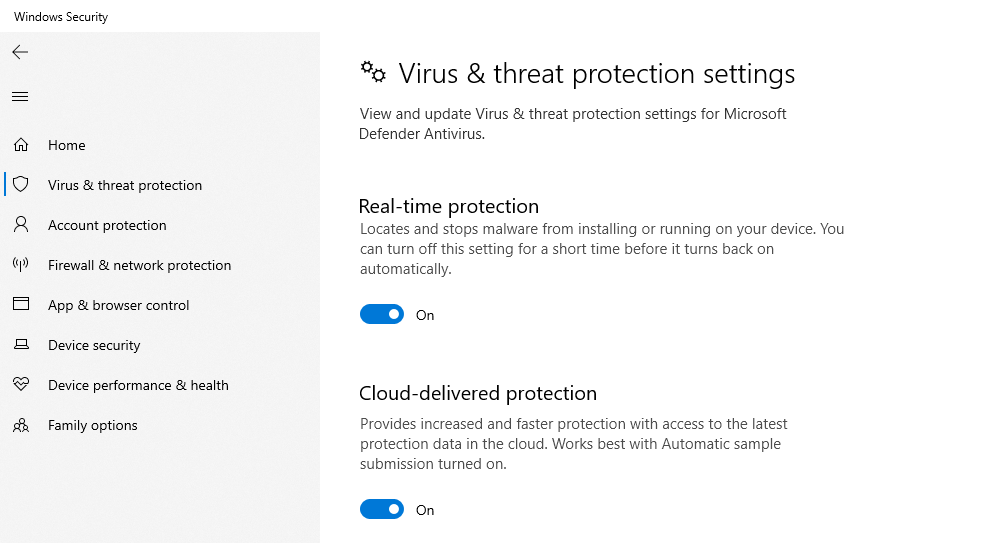 The virus and threat protection settings with switch buttons to turn on or off antivirus software in Windows