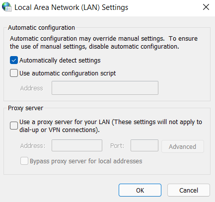 The Local Area Network (LAN) Settings on Windows.