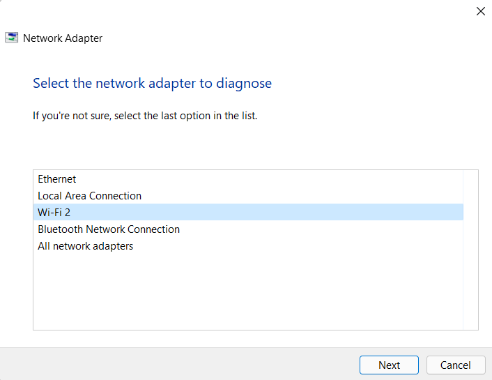 A selection of network adapters to diagnose on Windows' troubleshooter.