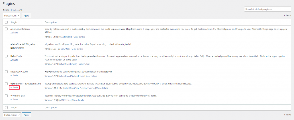 The Activate WordPress plugin button 