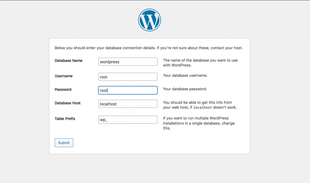 Entering your database connection details and setting localhost as your database host.