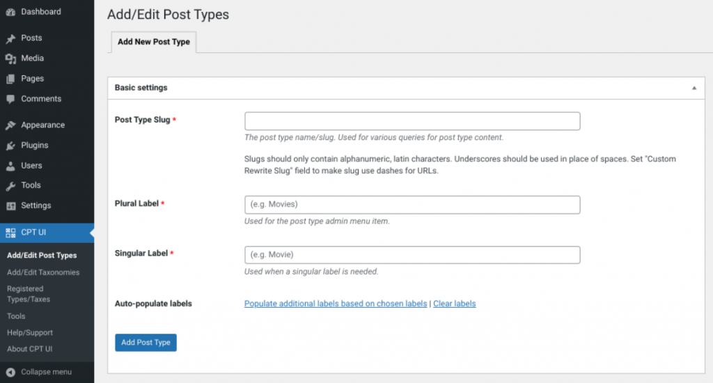 The add/edit a new post type section in the WordPress dashboard. 