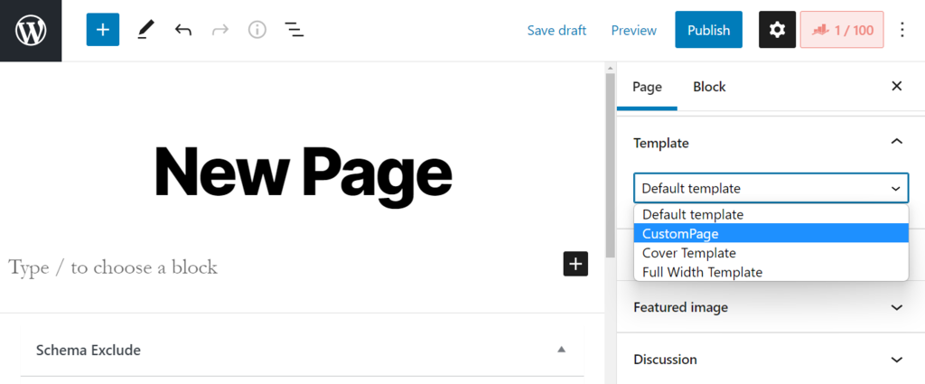 WordPress template section on the block editor.