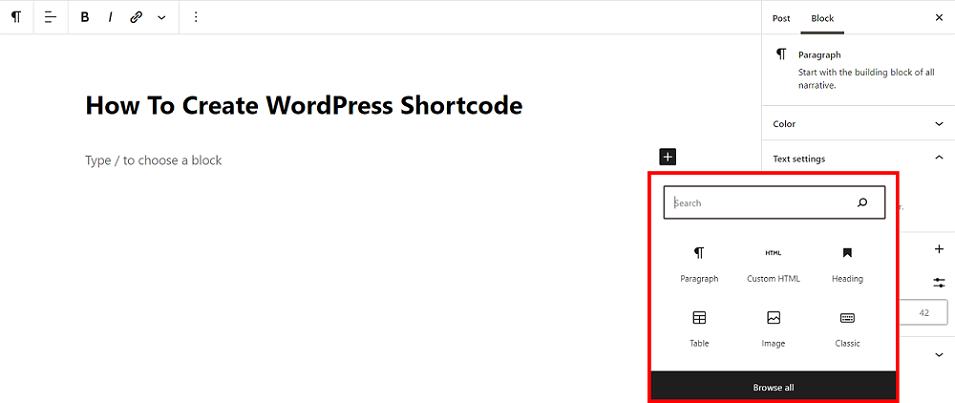 diferentes opções de blocos estão disponíveis no editor gutenberg para um post do wordpress