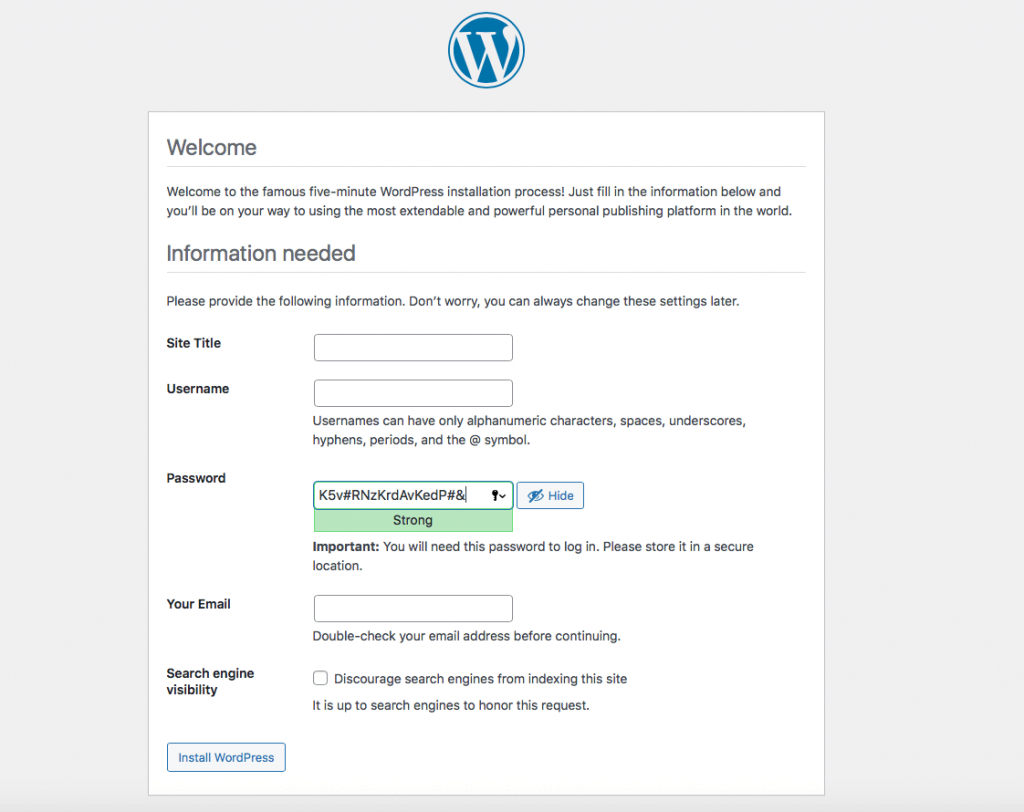 Finishing installing WordPress using XAMPP.
