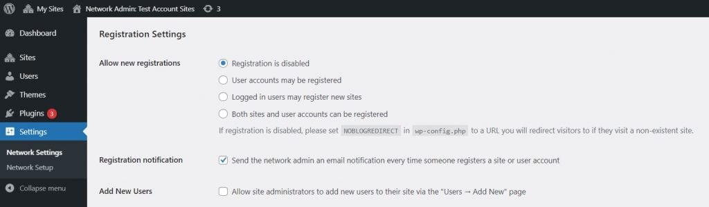 The Registration Settings section in the network admin dashboard.