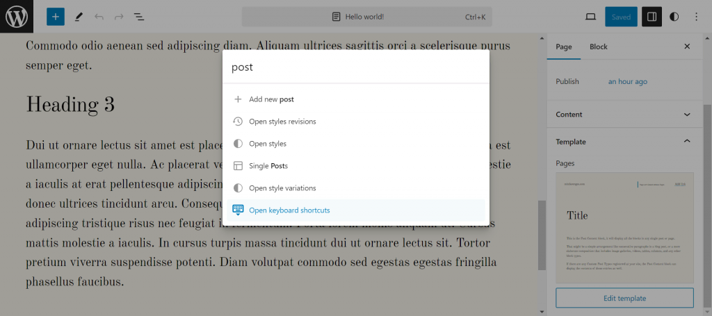 The command palette on the WordPress site editor