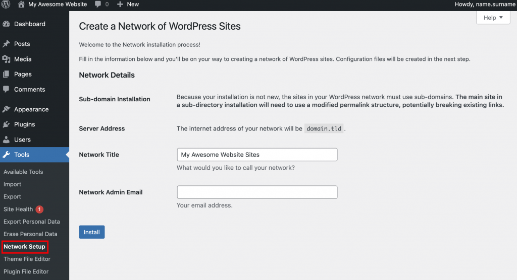 The Network Setup page in the WordPress admin dashboard.