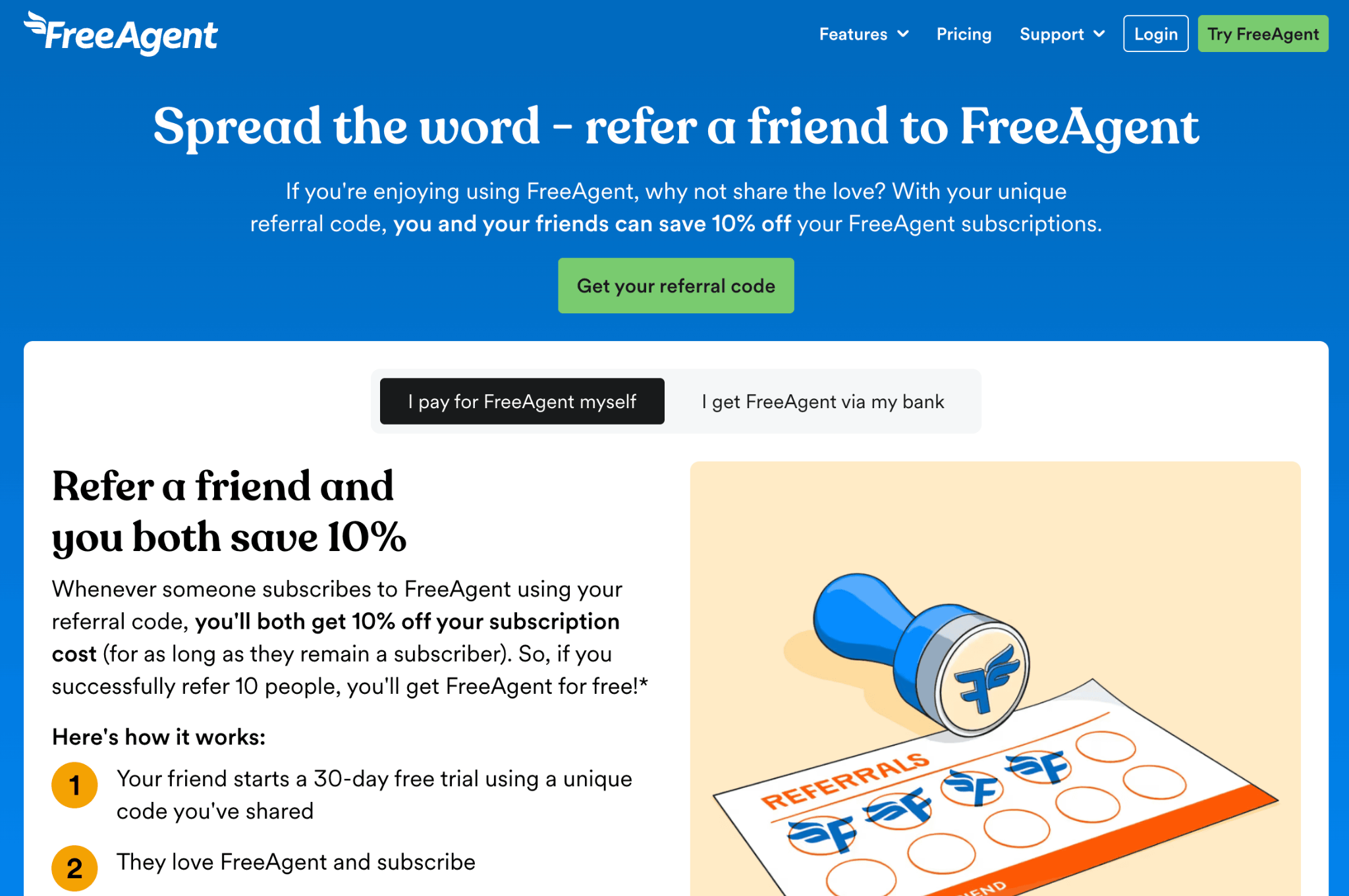 Homepage of FreeAgent referral program