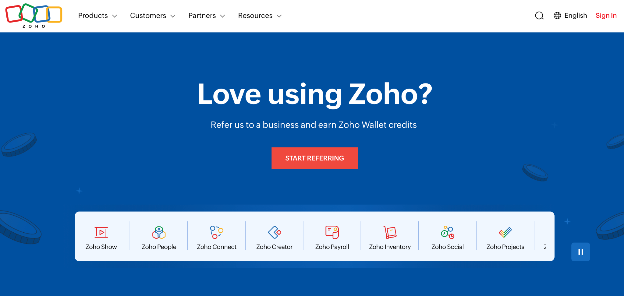 Homepage of Zoho referral program