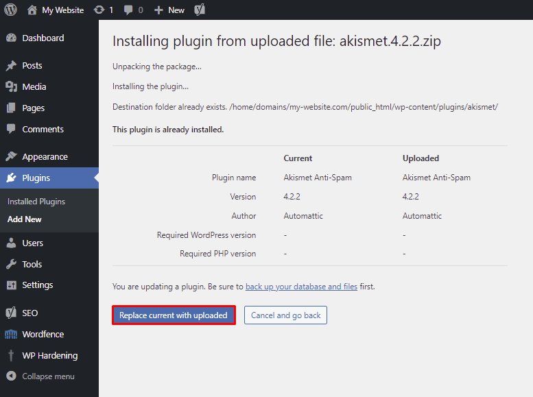 A warning page that appears on the WordPress dashboard when attempting to install a plugin or a theme using a .zip file