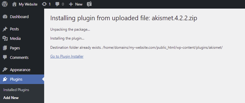 How the “Destination Folder Already Exists” error appears on WordPress