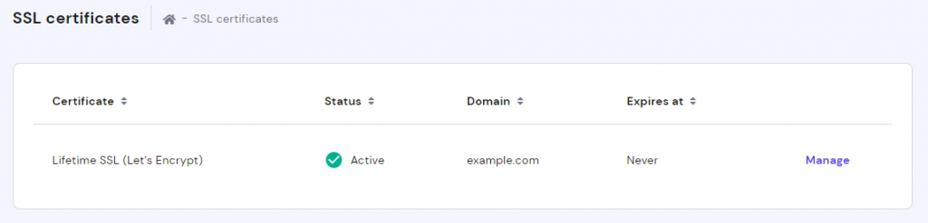 The SSL certificates section in hPanel showing the status of the SSL 