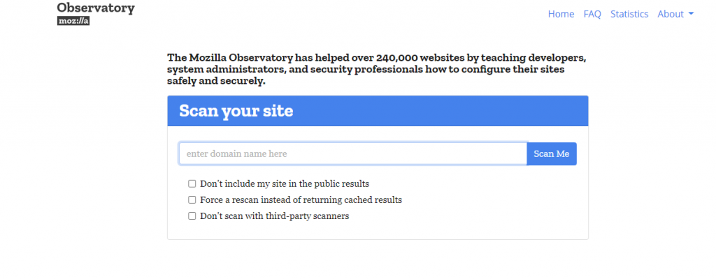 Observatory homepage featuring a scan your site option