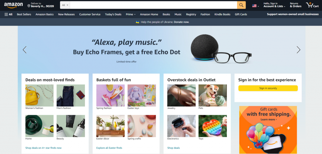 Homepage da Amazon, um site de comércio eletrônico que adota um sistema headless.