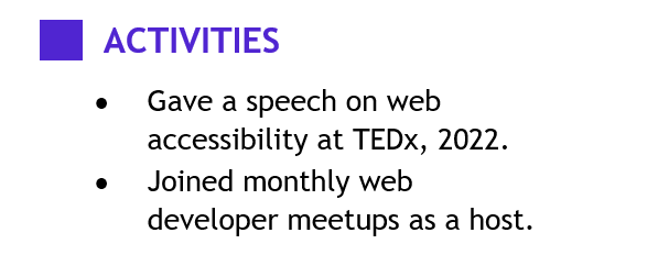 an activities section in a web developer resume that's delivered in a less-informative and impactful manner