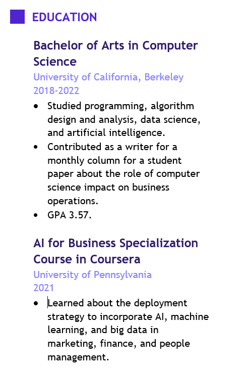 an entry-level web developer's education section which shows the applicant's interest and further effort in contributing to the computer science