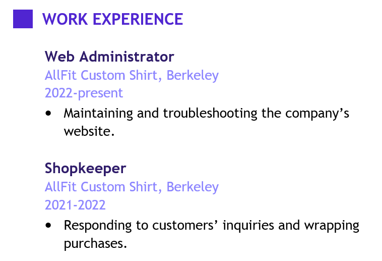 an entry-level web developer's work experience section which lists a job that's not related to web development