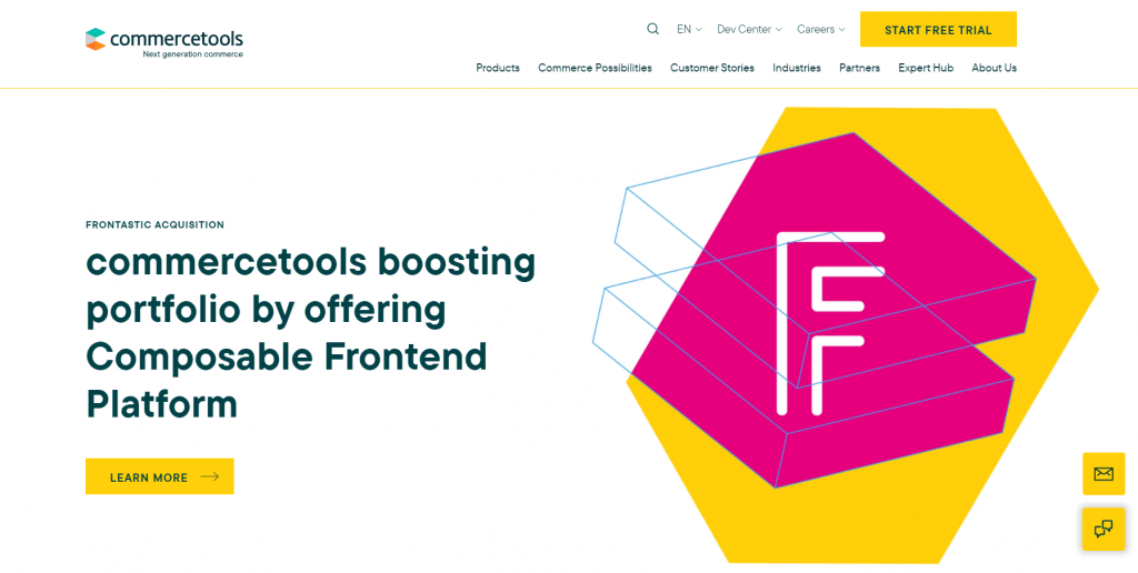 Página inicial do Commercetools, uma plataforma de comércio eletrônico sem cabeça com plataforma front-end composta.