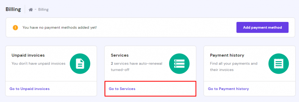 hPanel billing page showing where to renew a service