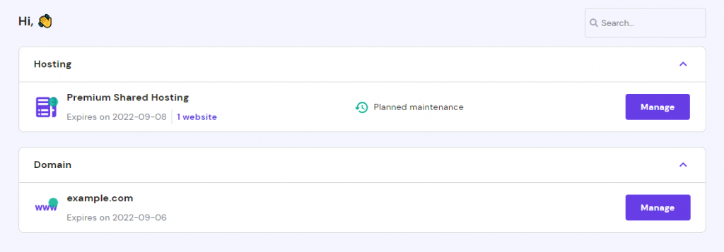 hPanel showing domain and hosting expiry dates under each service