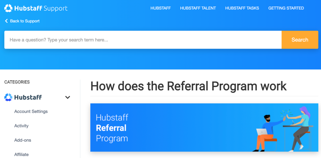 Hubstaff support page: How does the referral program work