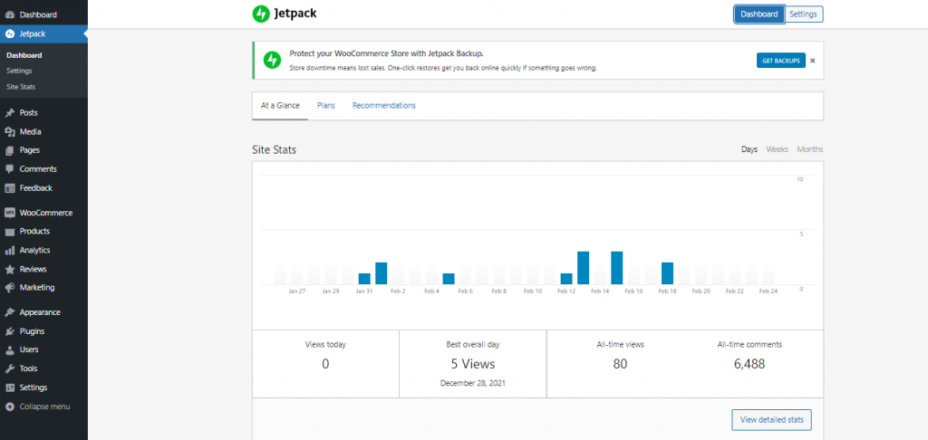 The dashboard of the Jetpack plugin.