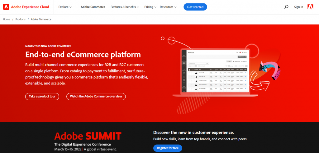 Homepage of Magento, a headless eCommerce platform that provides omnichannel experience on a single platfrom.