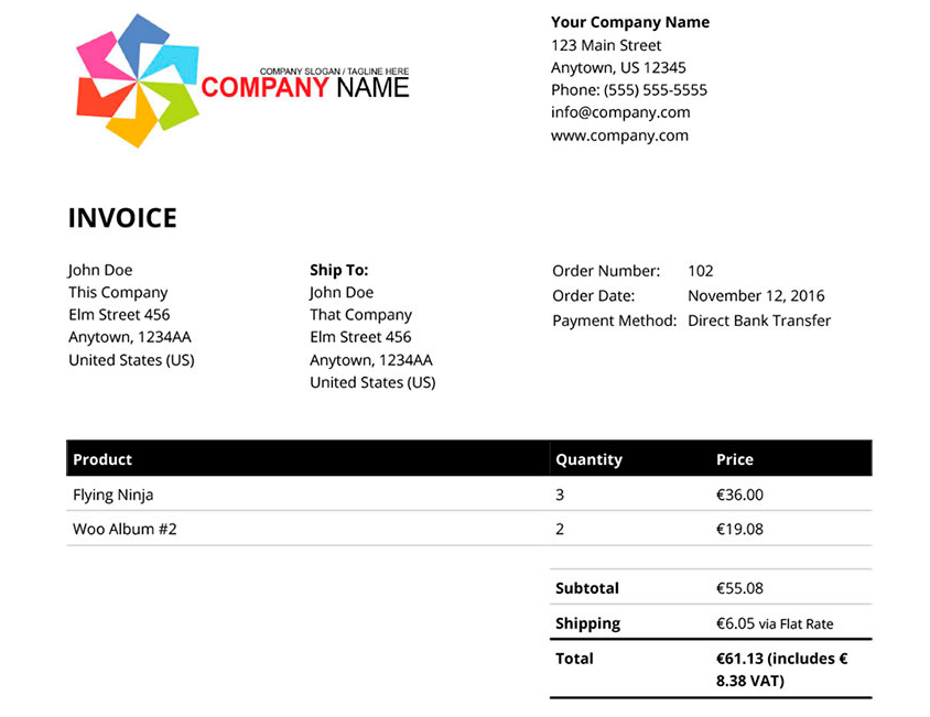 An invoice generated by 6. WooCommerce PDF Invoices & Packing Slips.
