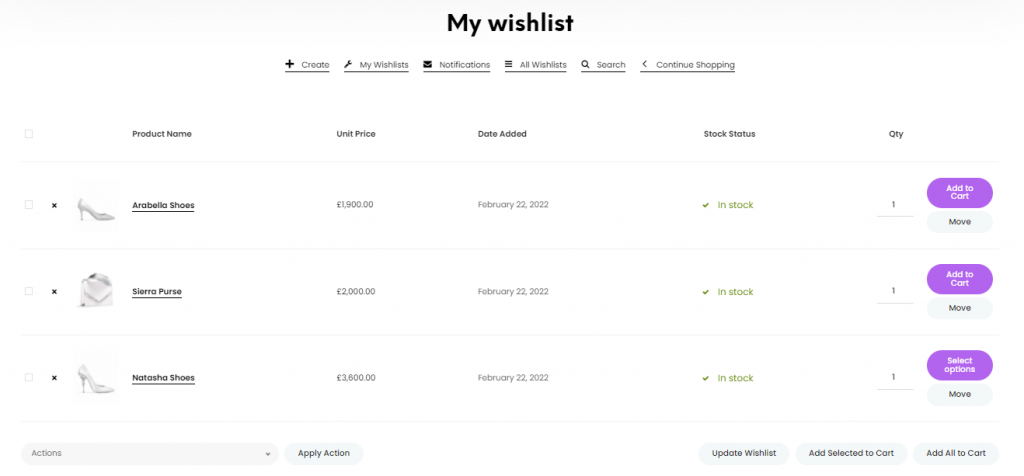 An example of a wishlist generated by TI WooCommerce Wishlist.