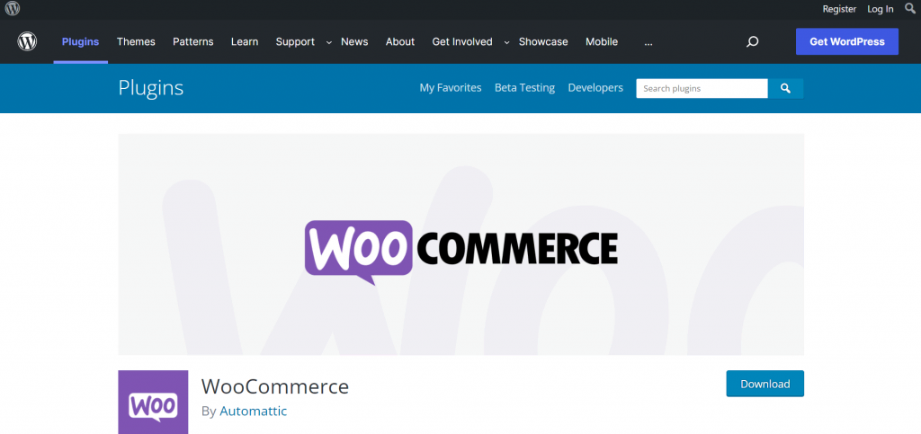 The plugin page of WooCommerce in the WordPress plugins that offers custom functionality and features.