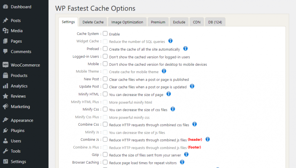 The options menu of WP Fastest Cache.